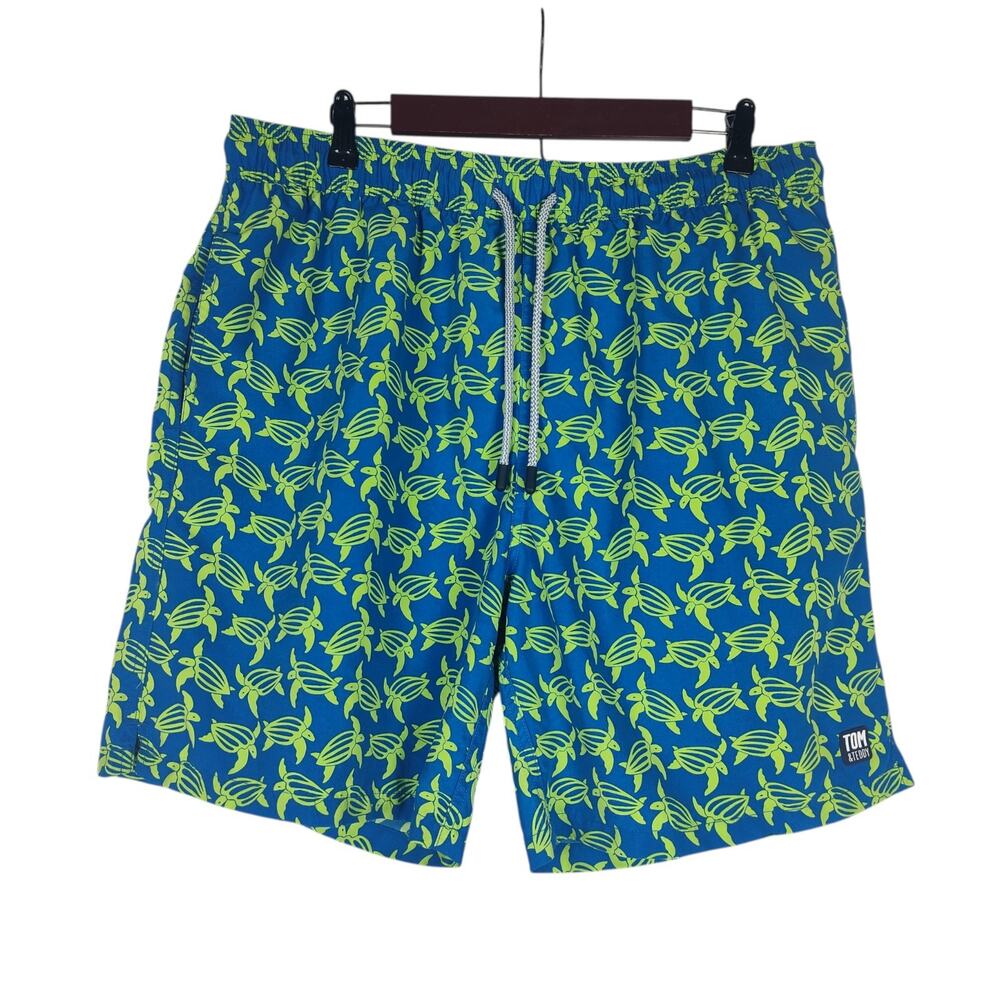Tom & Teddy Turtle Print Board Shorts Swim Trunks Mens XXL Blue Green Mesh Lined